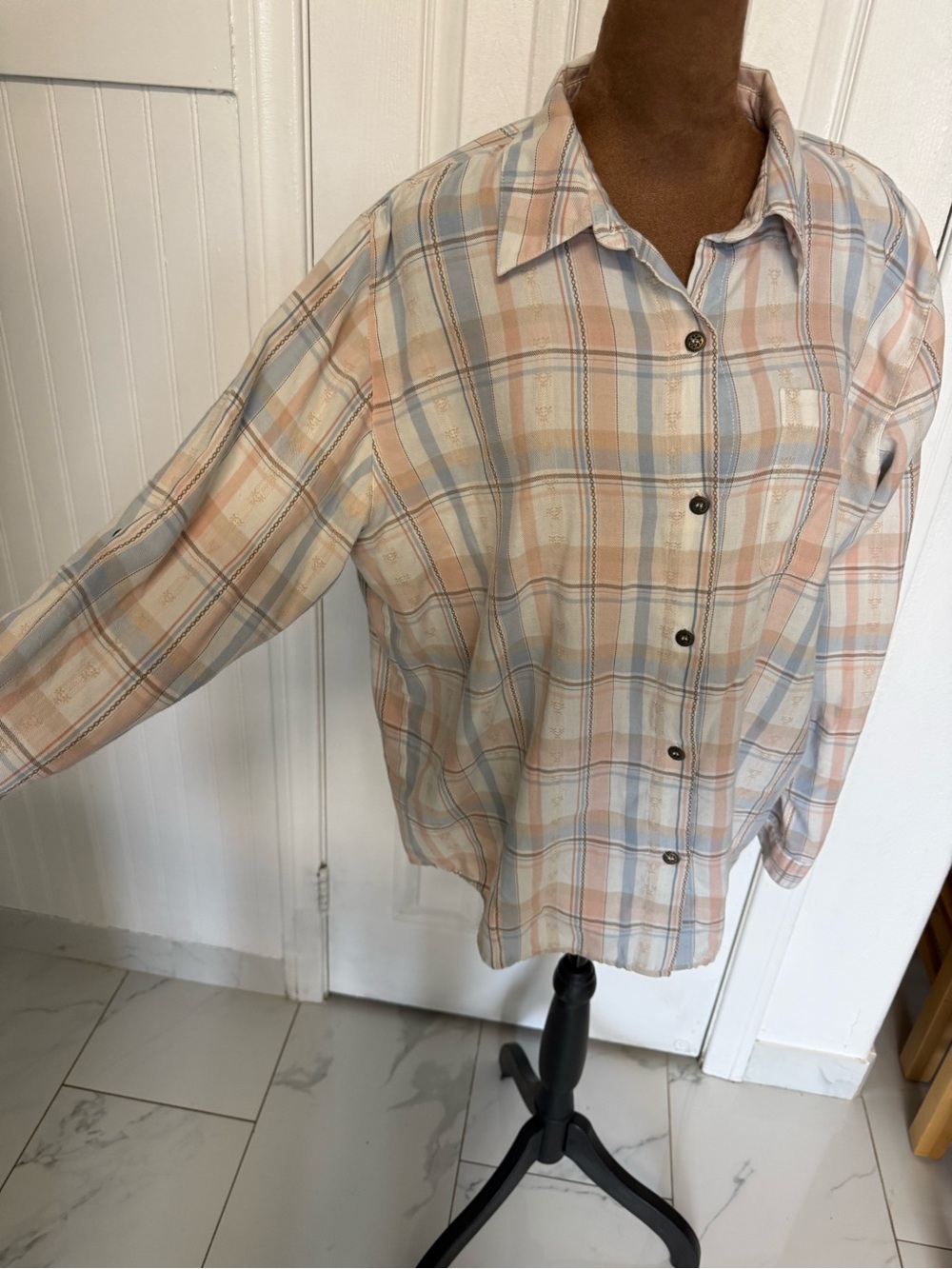 Alfred Dunner Pastel Plaid Button-Front Shirt Jacket in Peach & Light Blue